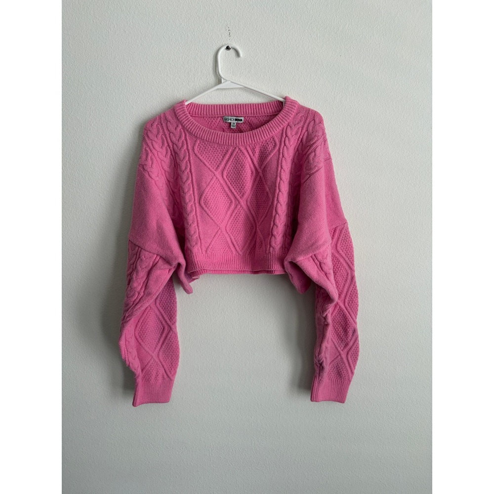Fashion Nova Pink Cable Knit Cropped Sweater Plus Size 3X Long Sleeve Crew Neck